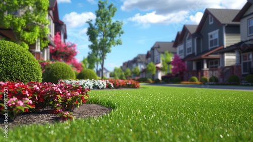 A suburban neighborhood with front yards boasting green grassy lawns, bordered by colorful flowers and neatly trimmed bushes, enhancing the curb appeal.