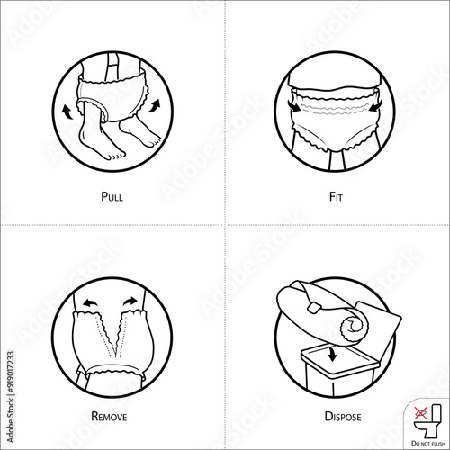 Icons set for Instruction of using diaper pants. The outline icons are well scalable and editable. Contrasting vector elements are good for different backgrounds. EPS10.