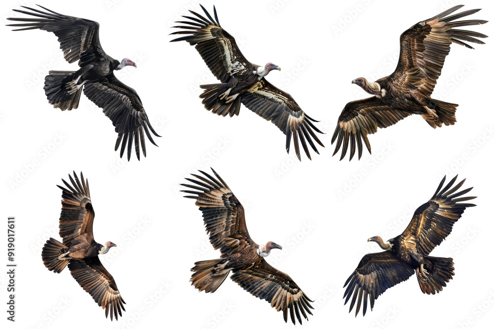 Fototapeta premium A collection of six photos showcasing vultures in flight with various wing positions and angles.