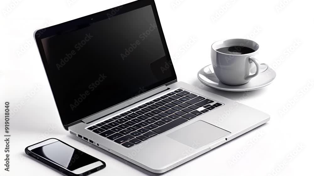 A laptop, smartphone and cup of coffee on a white background. A laptop, smartphone and cup of coffee on a white background.