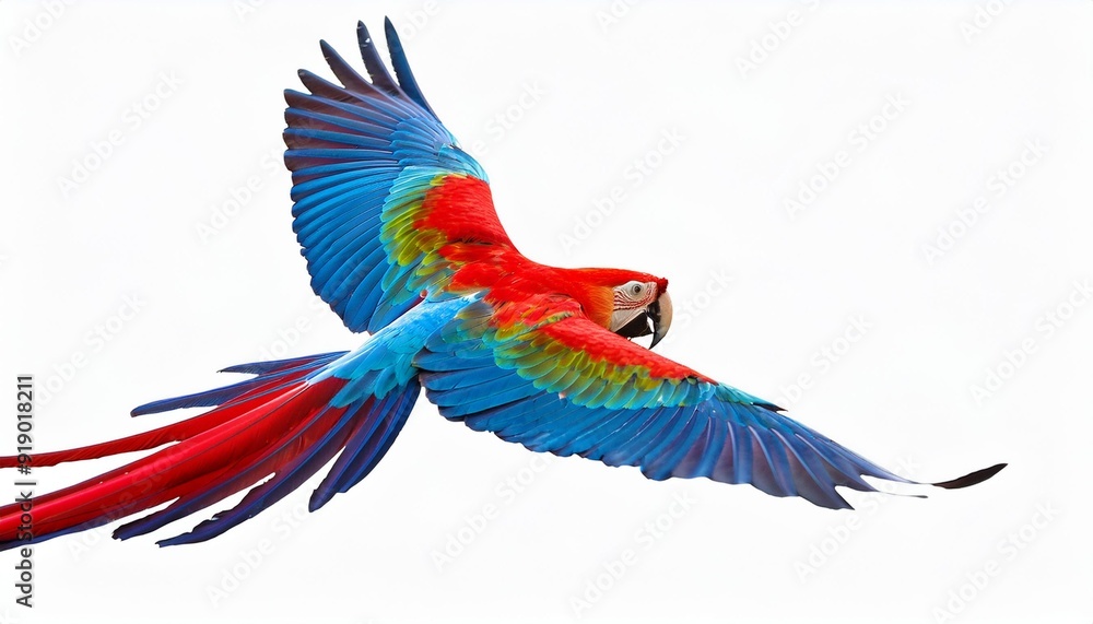 Fototapeta premium Majestic Flight: Red-Winged Macaw Soaring on Transparent Background