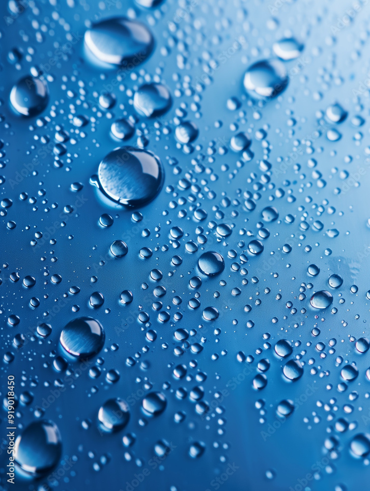 Transparent water drops on a blue background. Spray. Fresh and cool. Blue background, texture. Transparent water drops on a blue background. Spray. Fresh and cool. Blue background, texture.