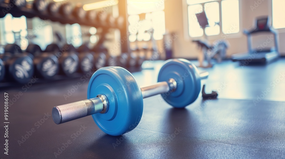 A lone blue dumbbell rests on a black gym mat with sunlight streaming through windows, suggesting a focused morning workout environment filled with fitness equipment A lone blue dumbbell rests on a black gym mat with sunlight streaming through windows, suggesting a focused morning workout environment filled with fitness equipment