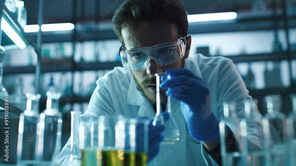 A scientist carefully analyzes a solution in a test tube while wearing protective gear in a well-equipped laboratory filled with various glassware A scientist carefully analyzes a solution in a test tube while wearing protective gear in a well-equipped laboratory filled with various glassware