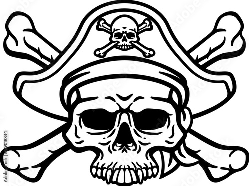A pirate skull and crossbones jolly roger grim reaper cartoon wearing captain a hat and eye patch