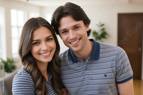 Happy Loving Couple Relaxing in a Bright, Well-Lit Room with Light Walls and a Softly Blurred Background