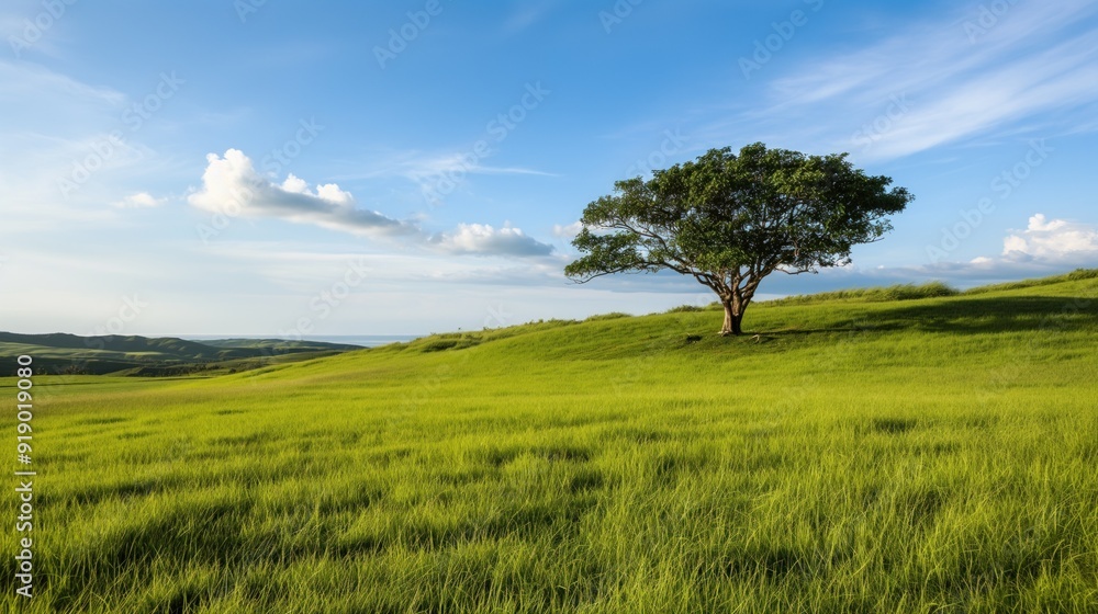 A tall tree overlooks rolling green hills, basking under a clear blue sky with wispy clouds, creating a tranquil and picturesque landscape A tall tree overlooks rolling green hills, basking under a clear blue sky with wispy clouds, creating a tranquil and picturesque landscape