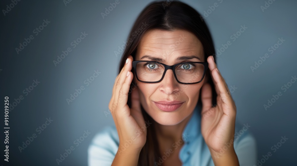 A woman appears thoughtful while adjusting her glasses and touching her head, conveying a sense of contemplation in a softly lit indoor space A woman appears thoughtful while adjusting her glasses and touching her head, conveying a sense of contemplation in a softly lit indoor space