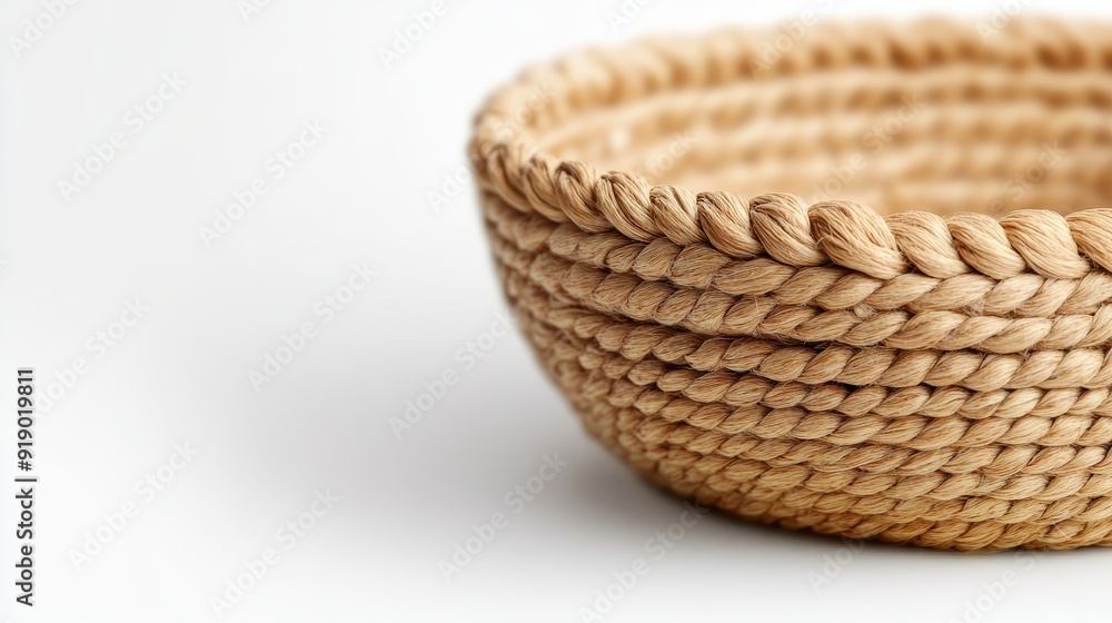 Intricately woven basket of natural fibers with soft silk details, isolated on a pristine white background Intricately woven basket of natural fibers with soft silk details, isolated on a pristine white background