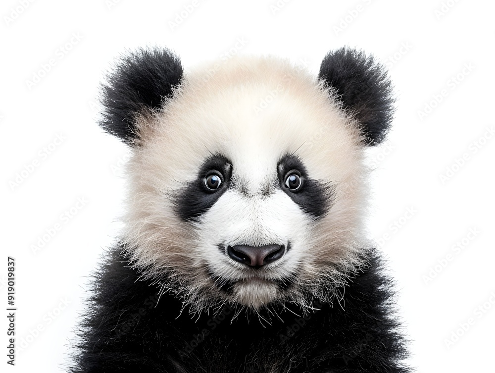 A young panda with fluffy fur looks directly at the viewer against a white background A young panda with fluffy fur looks directly at the viewer against a white background