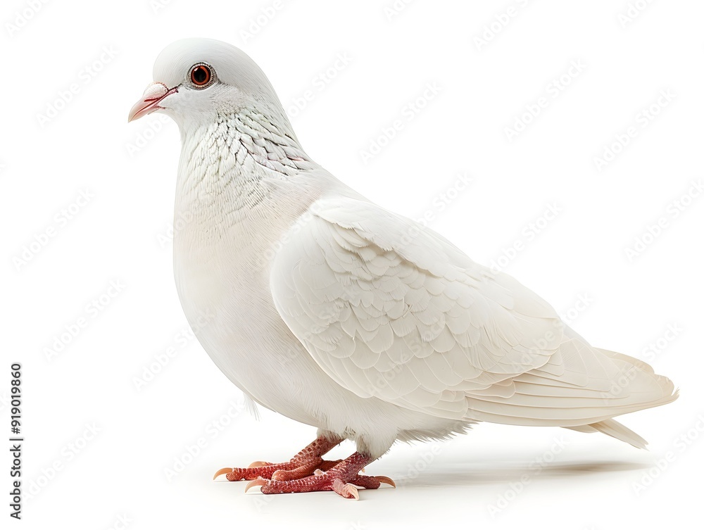 White pigeon standing gracefully on a clean, white surface White pigeon standing gracefully on a clean, white surface