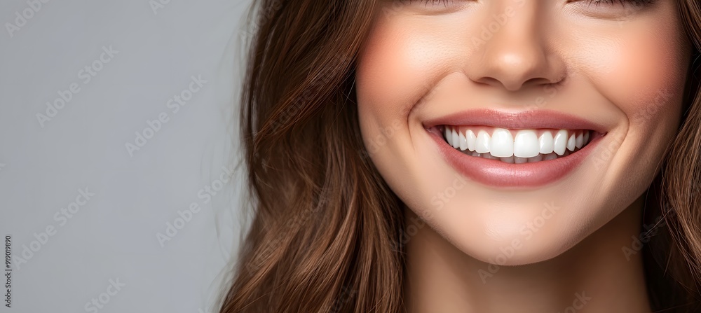Close up of a beautiful woman smiling with white teeth on a gray background, a closeup portrait. A white healthy smile concept for a dental clinic Close up of a beautiful woman smiling with white teeth on a gray background, a closeup portrait. A white healthy smile concept for a dental clinic