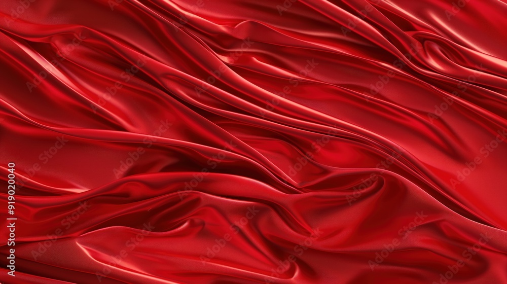 Obraz premium The rich red satin fabric unfolds with soft waves and a smooth texture, capturing light and creating an elegant drapery effect