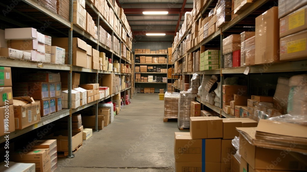 Workers organize boxes in a spacious warehouse, showcasing an orderly arrangement of goods and supplies ready for distribution during daylight hours