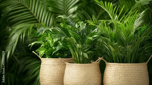 Jute basket display with lush green plants, contrasting the soft, natural fibers with vibrant foliage, creating a rustic vibe