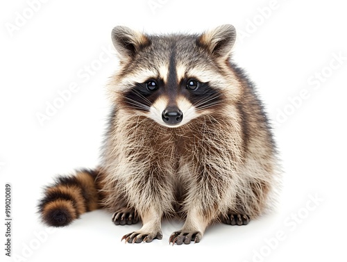 A raccoon sitting with a curious expression against a white background photo