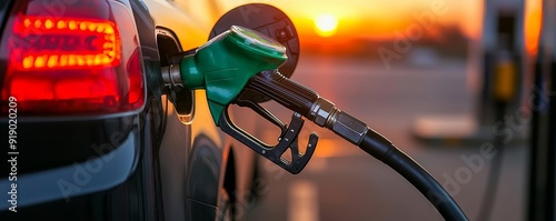 Car refueling at a gas station, with a focus on the fuel nozzle in action against a glowing sunset backdrop