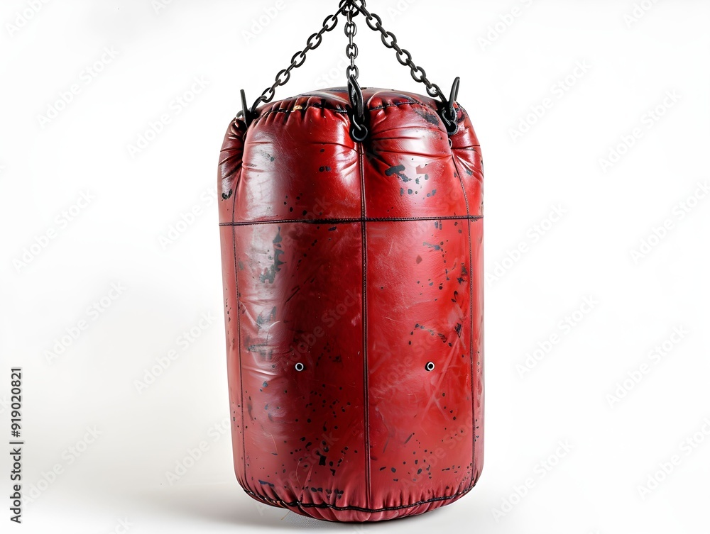 Heavy red punching bag hanging against a white background in a training space Heavy red punching bag hanging against a white background in a training space