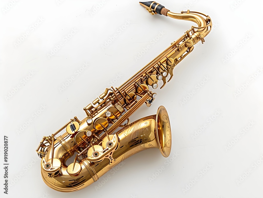 Obraz premium A polished gold saxophone placed against a plain background showcasing its intricate keys and design features