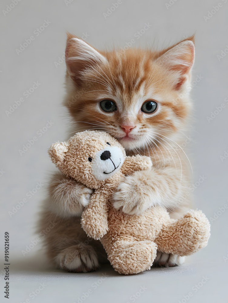 Adorable Ginger Kitten Holding Soft Plush Toy on Cozy Background Adorable Ginger Kitten Holding Soft Plush Toy on Cozy Background