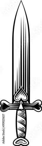 A sword or dagger medieval weapon design illustration in a vintage woodcut retro tattoo style