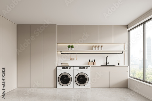 Modern laundry room with appliances and minimalist cabinets. 3D Rendering