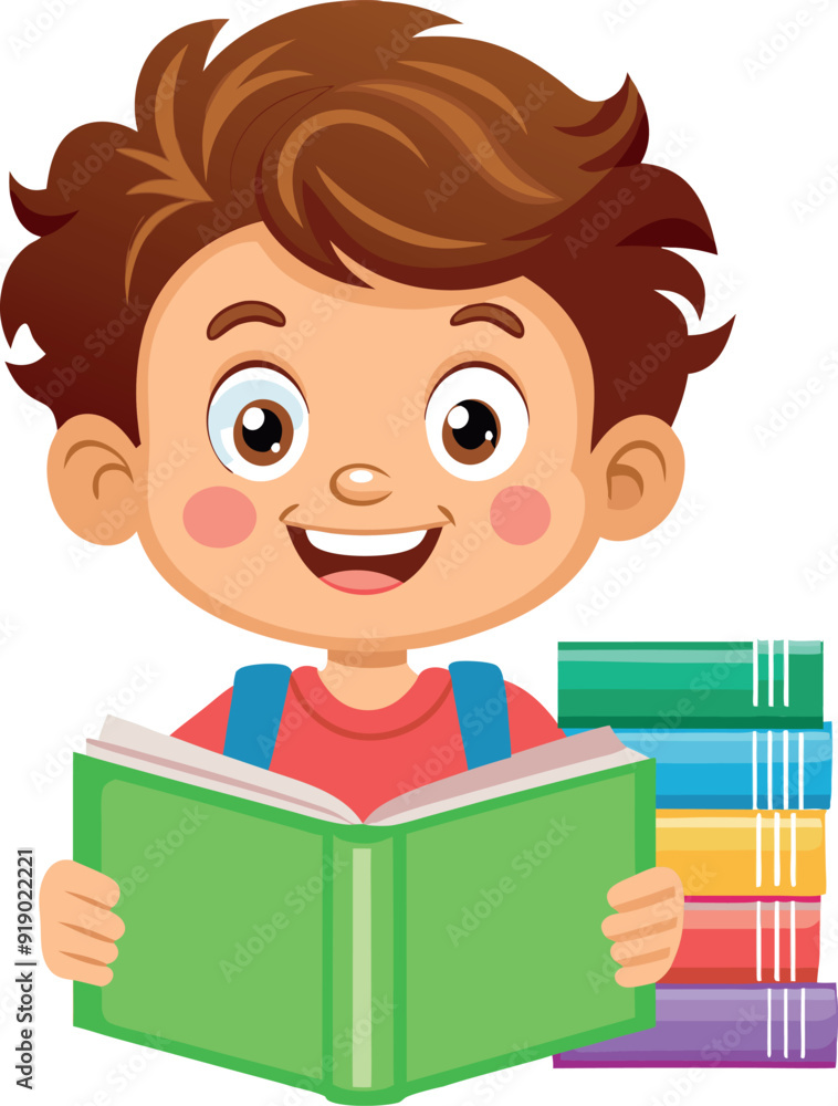 Happy schoolboy reading a book with stack of books Happy schoolboy reading a book with stack of books