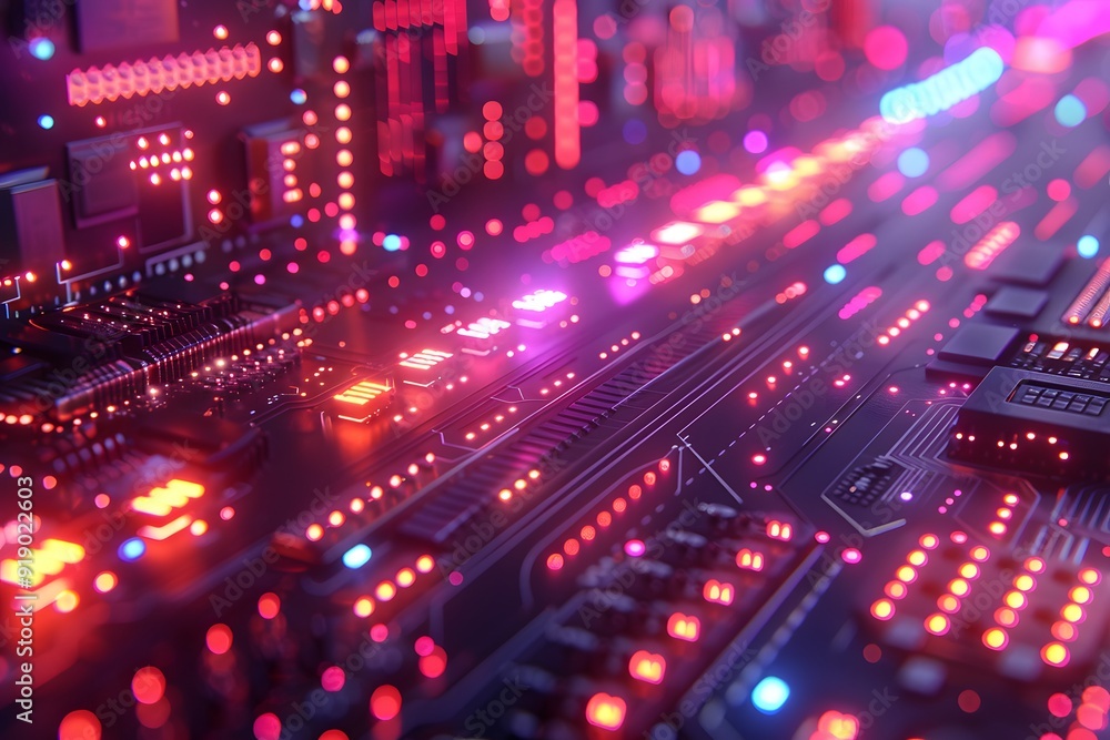 Futuristic Circuit Board Close-Up with Vibrant Lights - Technology Background for Digital Innovation Designs Futuristic Circuit Board Close-Up with Vibrant Lights - Technology Background for Digital Innovation Designs