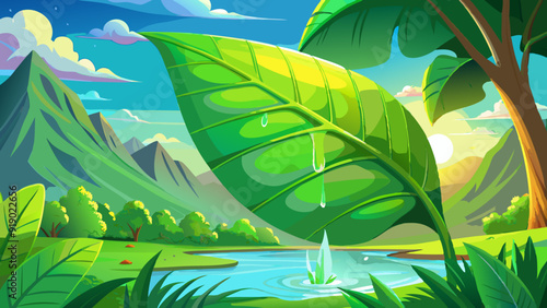 a close shot of a wide green leaf with drops of water against the background of an oasis in the jungle, mountains in the haze and a clear blue sky with scorching sun, wild animals, high quality,  high