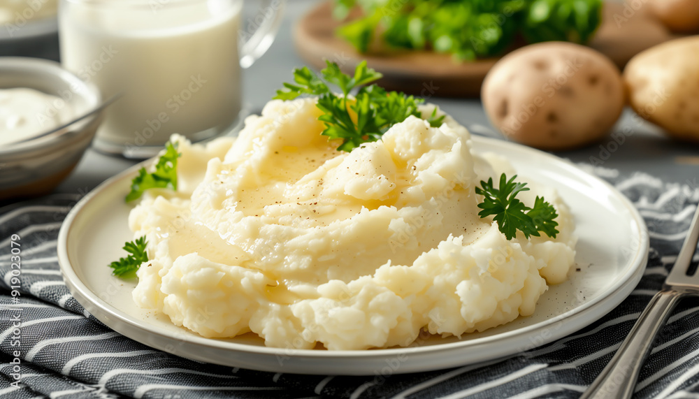 Mashed potatoes and milk in a white plate Mashed potatoes and milk in a white plate