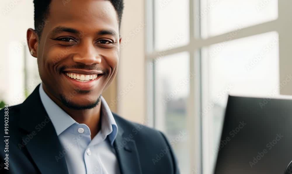 Head and shoulders video of a confident insurance agent smiling warmly at their desk with documents Head and shoulders video of a confident insurance agent smiling warmly at their desk with documents