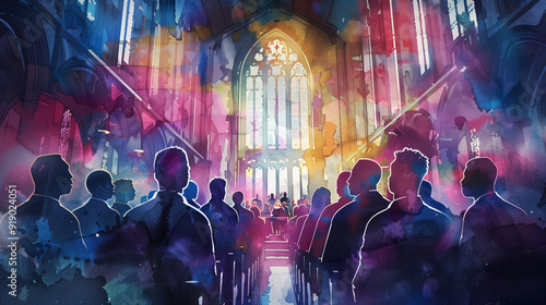 A diverse congregation fills the church, engaging in worship with uplifting gospel music and spiritual celebration, watercolor art