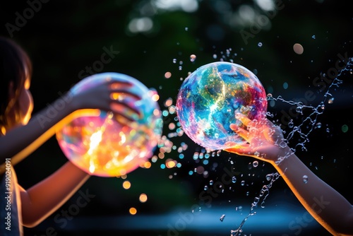 Water Balloon Fight: Freeze the action of a playful water balloon fight with bokeh lights in the background.