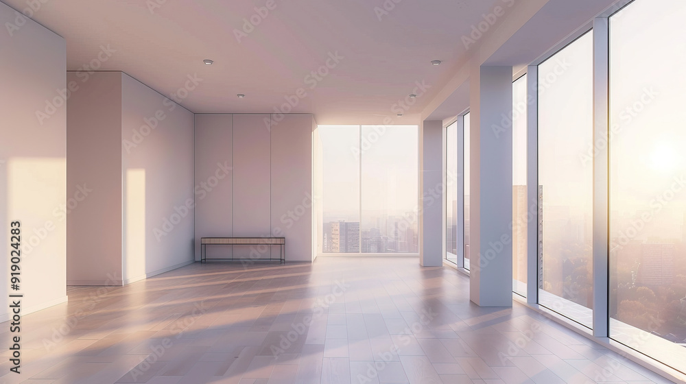Obraz premium Interior of modern office building, empty place with big window and sunlight from the window.