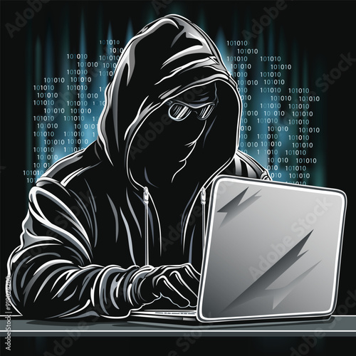 hacker at laptop in hoodie, dark mask and black glasses on dark blue background with binary matrix. stealing personal information. cyber attack concept. vector illustration.