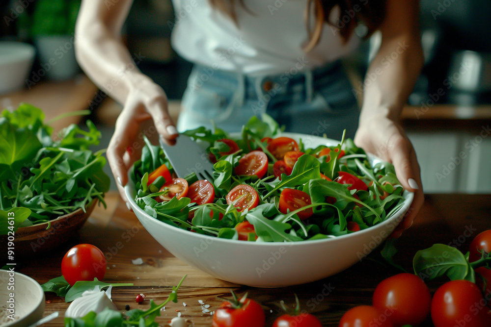 Close up woman cooking salad on wood table Close up woman cooking salad on wood table