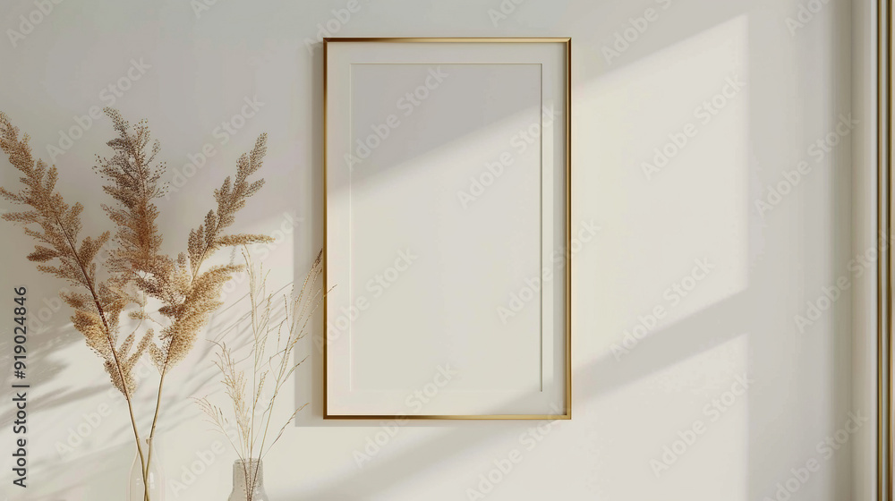 An empty gold frame in a white wall with dried flowers in vase. An empty gold frame in a white wall with dried flowers in vase.