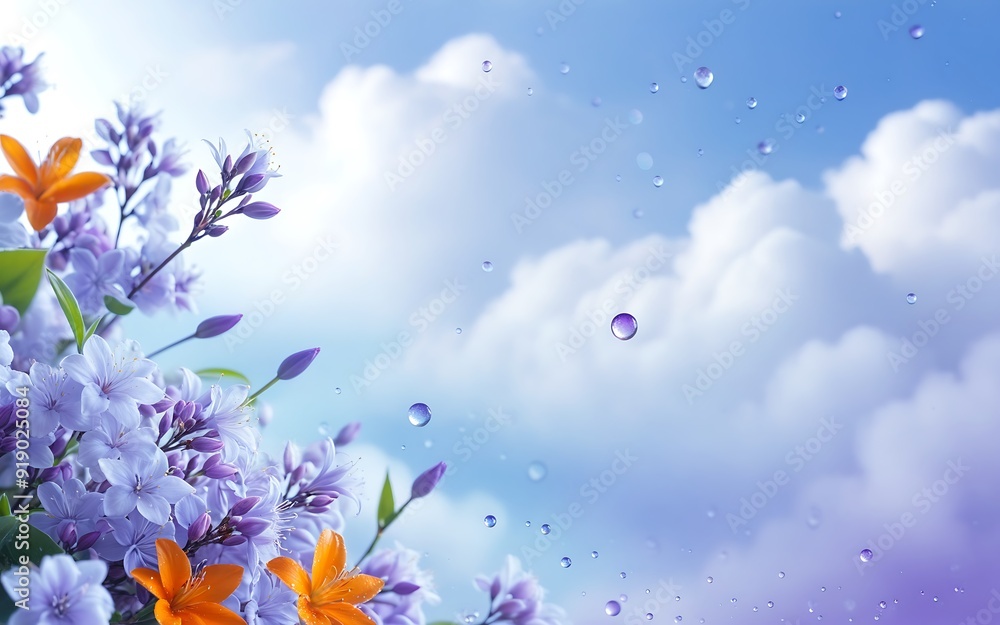 Colorful flowers and drops of water on the background of a celestial landscape Colorful flowers and drops of water on the background of a celestial landscape