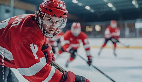 A hockey player with a red uniform playing on an ice rink, focused on his hands and stick in close up, other players far away