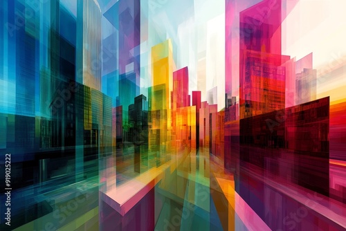 Spectrum City: Dynamic Geometric Cityscape in Vibrant Colors Fused with Modern Architecture & Digital Art Form