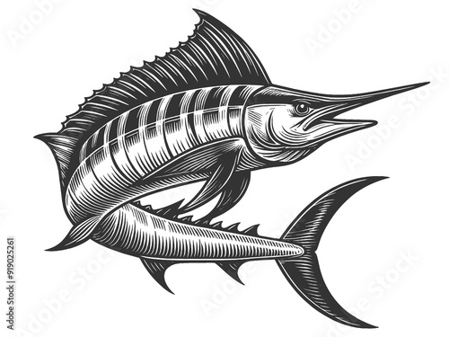 sailfish blue marlin fish sketch engraving generative ai fictional character raster illustration. Scratch board imitation. Black and white image.