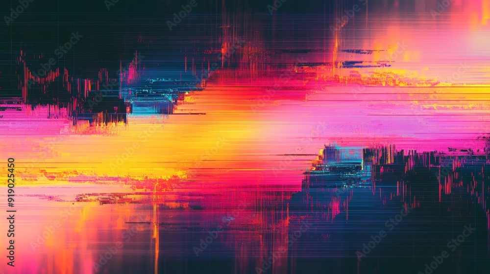 Obraz premium Glitched Retro Digital Rainbow Flickers on Lo-Fi Vector Background.