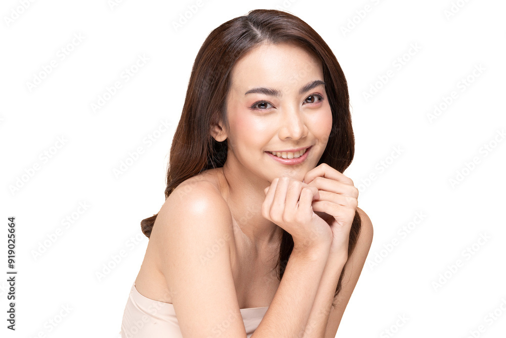 Asian beautiful young woman with flawless skin and natural makeup smiles gently Asian beautiful young woman with flawless skin and natural makeup smiles gently