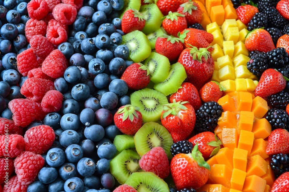 Fresh and Colorful Fruit Platter with Strawberries, Blueberries, Kiwi, Mango, and Raspberries Fresh and Colorful Fruit Platter with Strawberries, Blueberries, Kiwi, Mango, and Raspberries