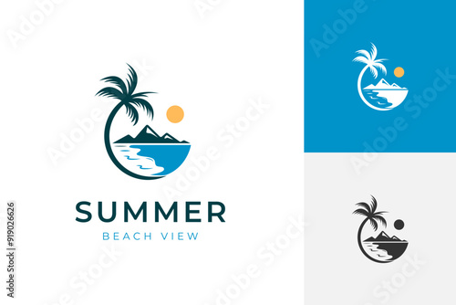 beach palm logo design with nature landscape for vacation, summer symbol