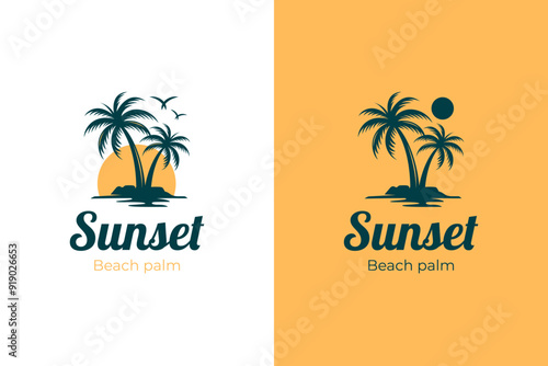 Palm tree island logo design with sunset view in coast concept idea summer vibes vector illustration