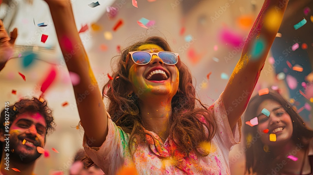 A lively Holi scene with friends enjoying the festival, covered in colors and surrounded by flying confetti. A lively Holi scene with friends enjoying the festival, covered in colors and surrounded by flying confetti.