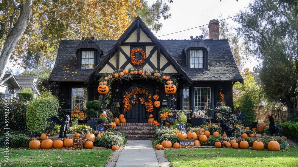 Fototapeta premium A picturesque front house decked out for Halloween, with a mix of spooky and autumnal decorations, from pumpkins to wreaths.