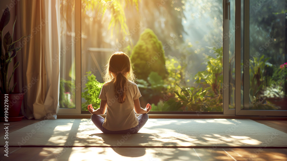 A little girl is meditating while sitting in the room at home indoor with garden view A little girl is meditating while sitting in the room at home indoor with garden view