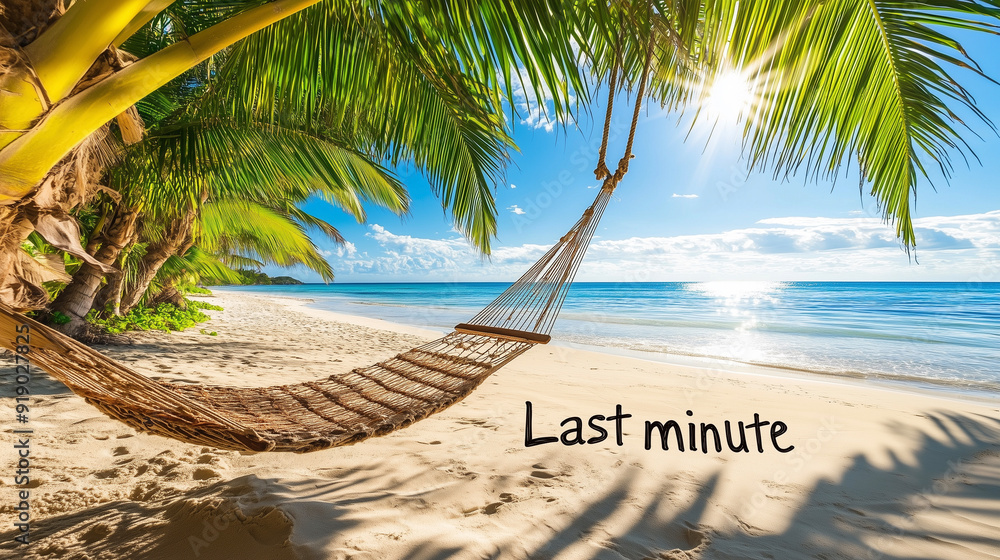 Fototapeta premium Last minute vacation concept: romantic beach with swing hammock and seashore